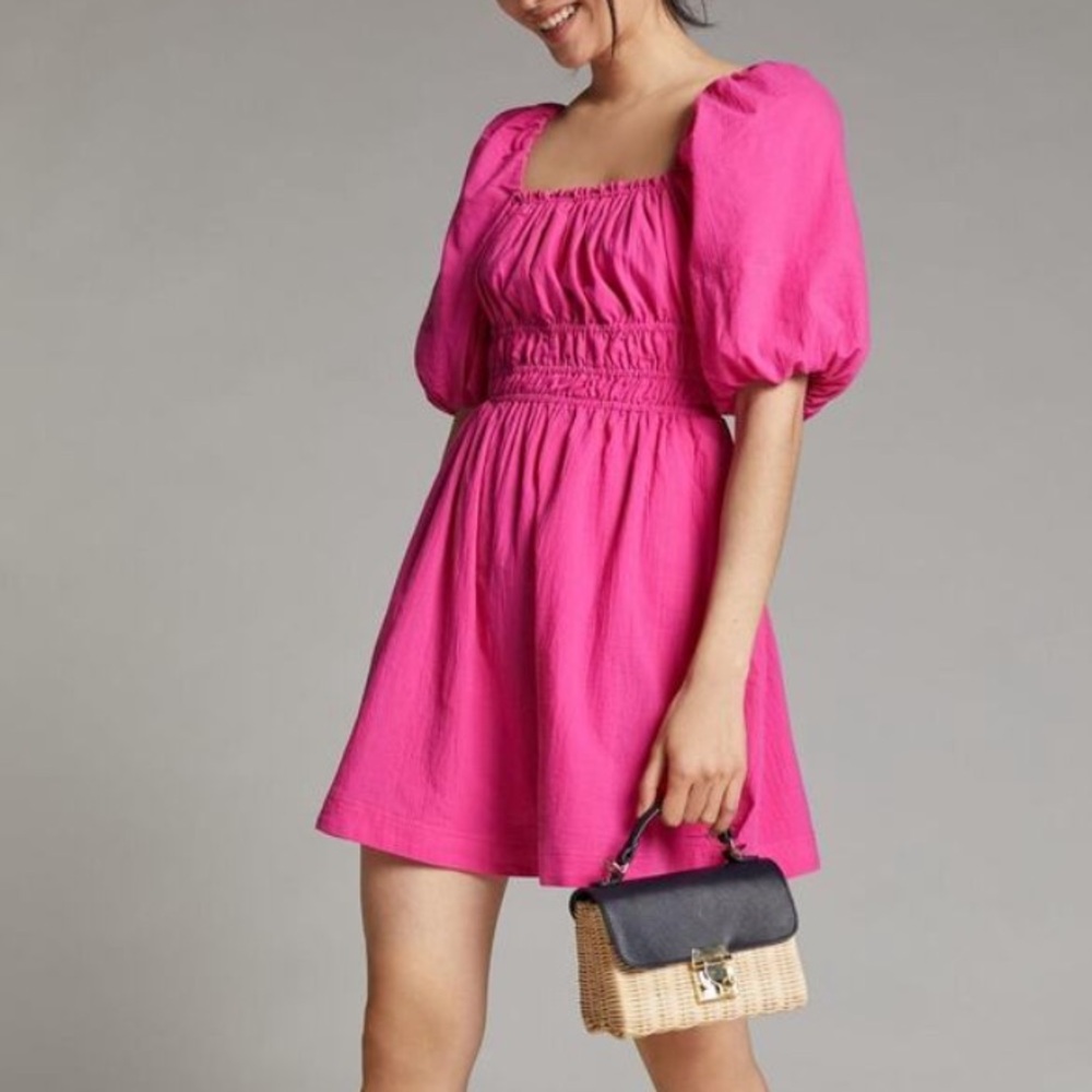 Maeve Bright Fuchsia Puff Sleeve Mini Dress